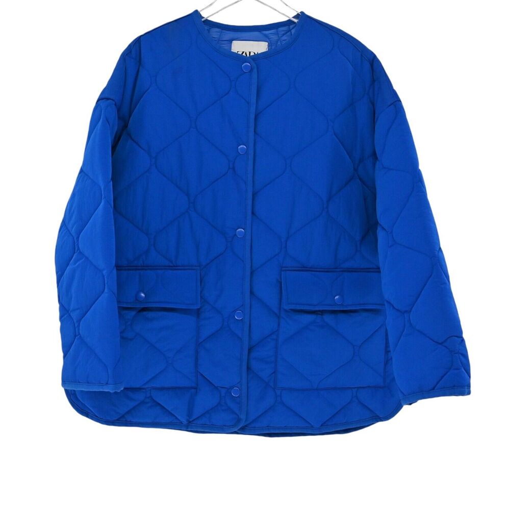 ZARA Jacket Womens Size M Cobalt Blue Quilted Oversized Collarless Utility Retro